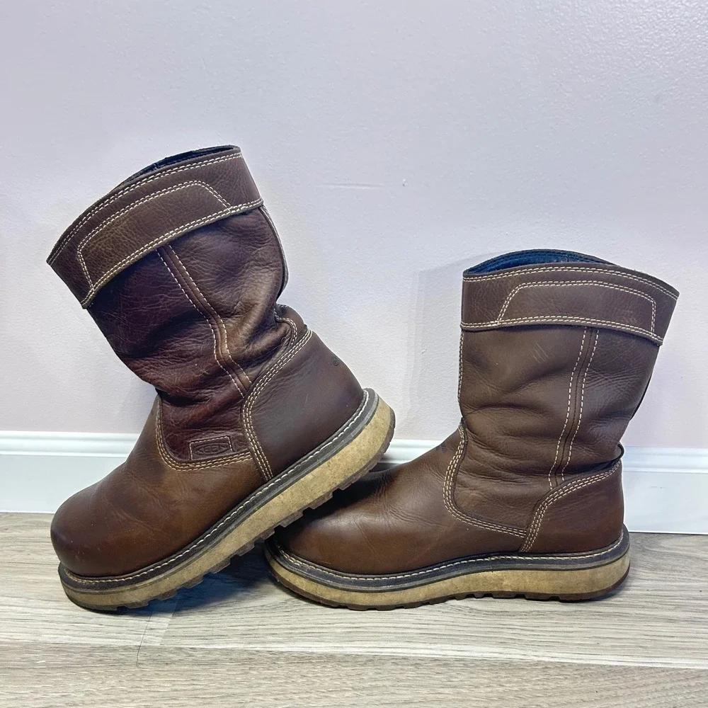 KEEN Utility Mens Brown Leather Carbon‎ Toe Pull On Work Boots 9D Construction